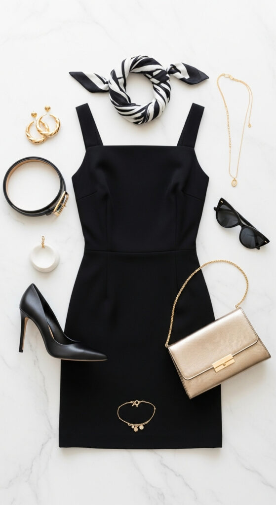 Flat lay of a little black dress with accessories: gold jewelry, black heels, belt, silk scarf, sunglasses and an evening bag, showing how to accessorize a little black dress.